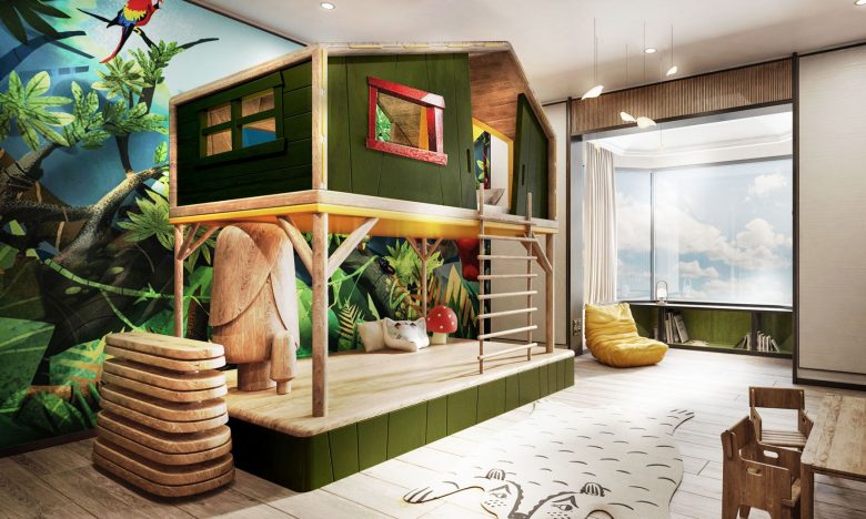 The Shangri-La Hotel, Singapore offers connecting family suites with themes like treehouse