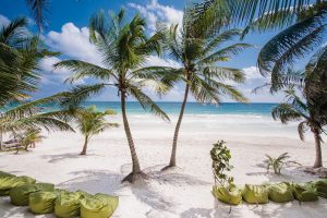 The quiet white-sand beach at Zorba Beach Homes